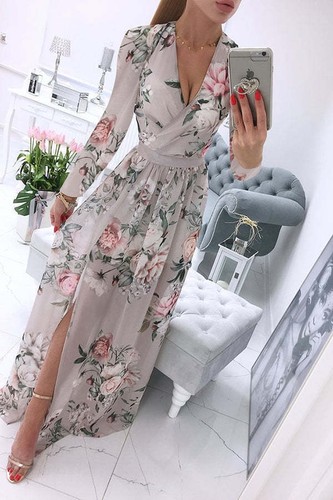 Vestido largo bohemio de verano para mujer de moda con estampado de gasa manga larga cuello en V - Imagen 51 de 55