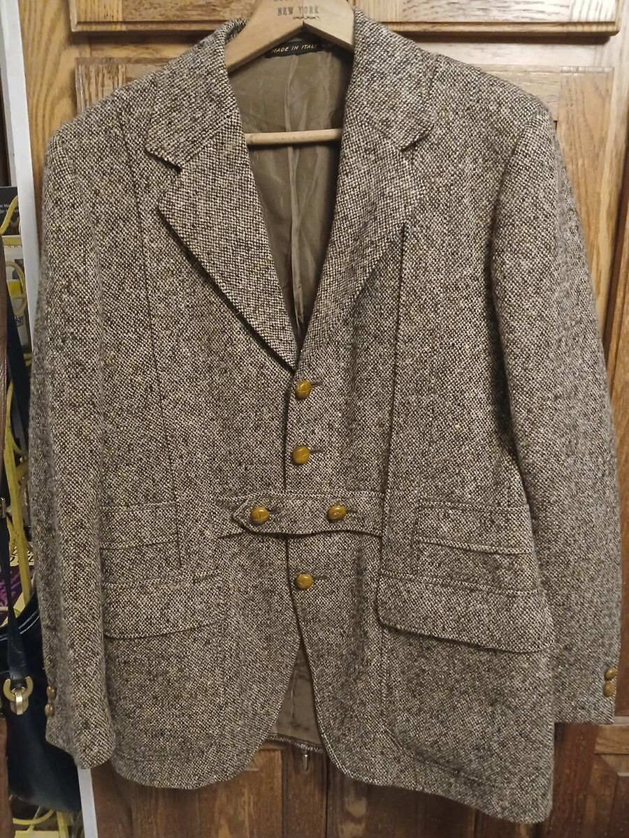 専用vintage HARRIS TWEED balmacaan brookes VTG Brooks Brothers HARRIS TWEED 38R Italy Made Leather