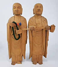 Japanese Vintage, Buddhism, 2 Wooden Buddha Statues, 25cm Height, Asian Sculptur