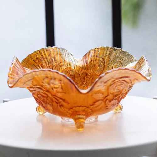 Vintage Imperial Marigold Carnival Glass Open Rose 3 Footed Bowl 11"