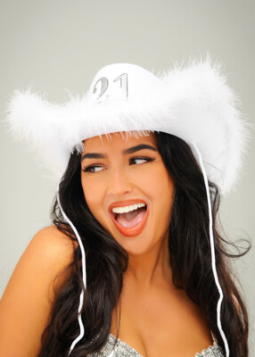 Womens 21st Birthday White Fluffy Cowboy Hat