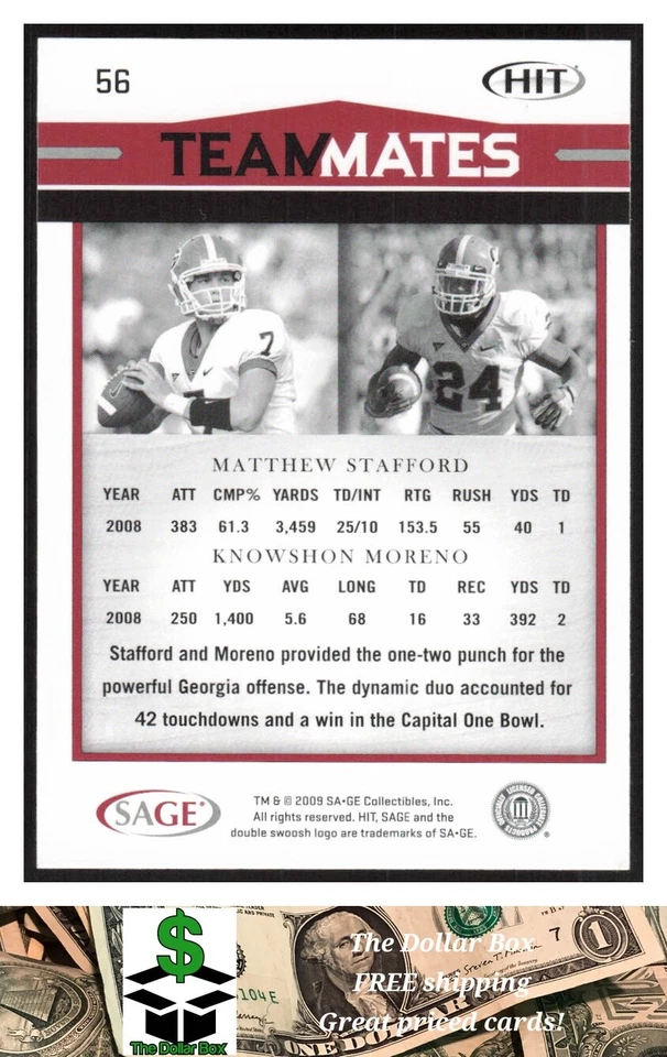 2009 SAGE HIT #56 Matthew Stafford / Knowshon Moreno RC Bulldogs - Image 2 of 2