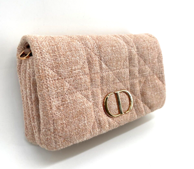 Authentic Christian Dior Linen Macrocannage Small Caro Bag Rose w
