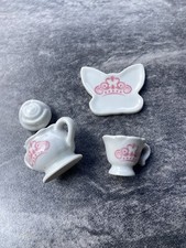 1970s Porcelain Child's Doll Pretend Play Tea Dish Set w/ Butterfly Plates.