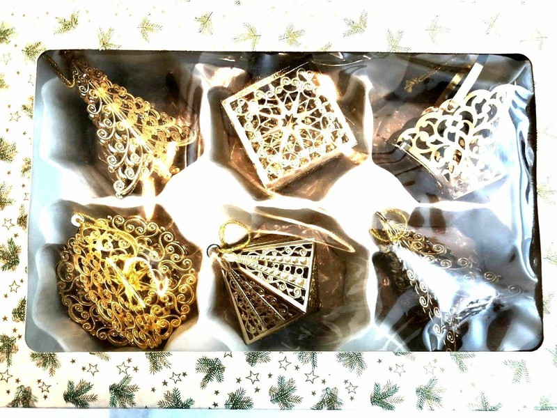 AWESOME 6 Vtg Gold Filigree TREE BASKET CUBE DISC TOP XMAS Ornaments German #2