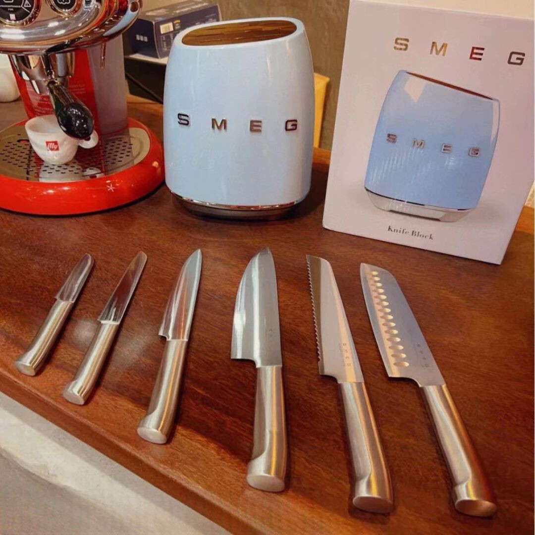 Smeg 7-Piece NEW knife Block set stainless steel color cream