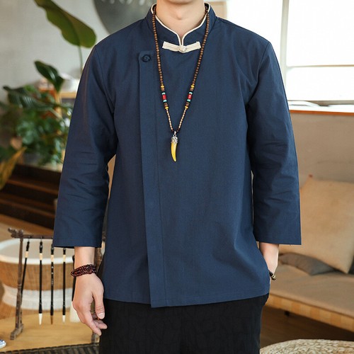 Chinese Men Blouse Long Sleeve Oriental Linen Shirt Kung Fu Hanfu Top - Picture 13 of 14