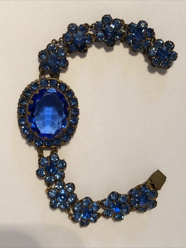 Vintage 1930’s Signed Czech Blue Glass & Brass Flower Bracelet 7”