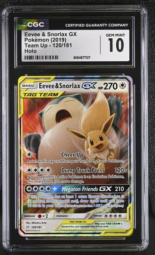 CGC 10 GEM MINT Eevee & Snorlax GX 2019 Team Up 120/181 Holo Pokemon Card