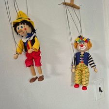 Set of 2 Pinocchio  Clown Vintage Czech Wooden Marionette Puppets
