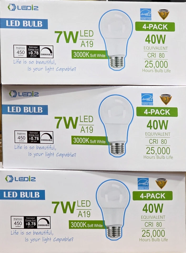 LEDi2 A19 7W=40W Equivalent LED Light Bulbs | 3000k Soft White | 450 Lumens - Image 4 of 4