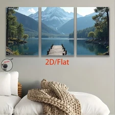 2D Flat, 3pcs Frameless Canvas Wall Art Prints - Mountain Lake Landscape Triptyc