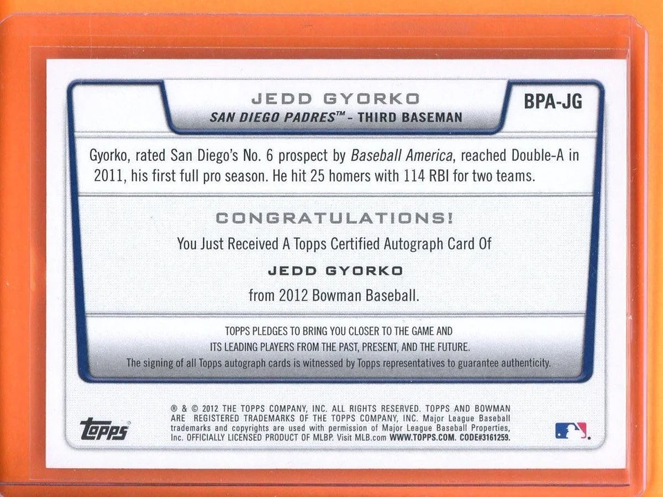 Jedd Gyorko Prospect Autographs 2012 Bowman #BPA-JG - Image 2 of 2