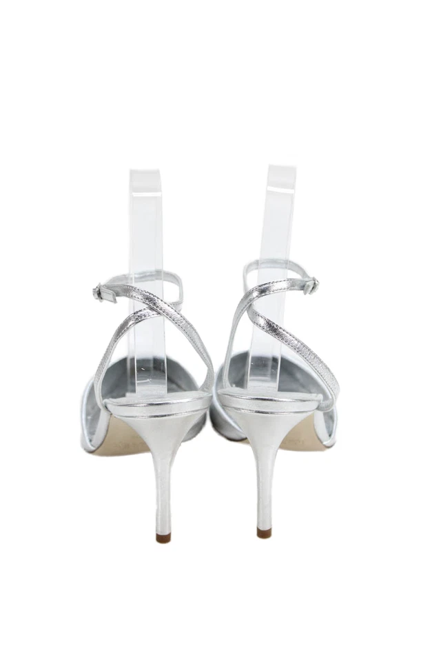 J Crew Mujer Cuero Punta Tobillo Envoltura Elsie Cordones Plateado Metálico Si Foto 3 de 4