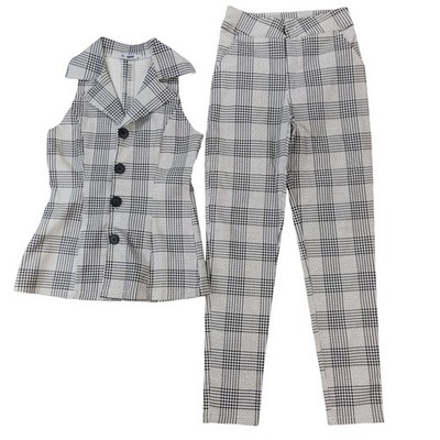 TT-HOUSE Pant Set Women S Black White Plaid Sleeveless Vest Trousers 2 Piece Set