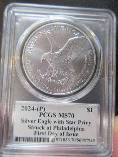 2024-P Silver Eagle With Star Privy PCGS MS70 First Day Issue David Hall Signed
