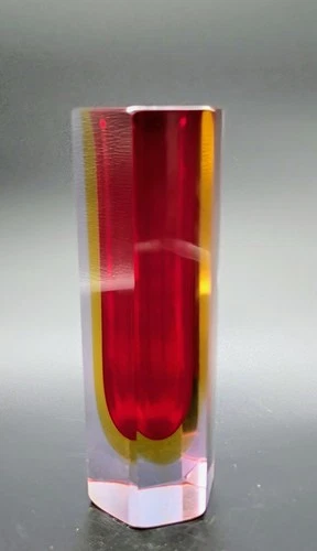 Vintage Murano Art Glass Facted Hexagonal Sommerso Red Yellow Vase 6" Italy