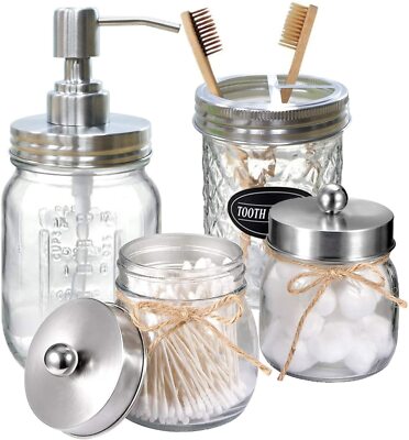 Mason Jar Bathroom Accessories Set Mason Jar Soap Dispenser+Qtip Holder 4Pcs Set