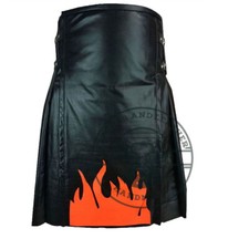 Handcrafted Classic Black Flame Style Adjustable Genuine Leather Kilt For Men's
