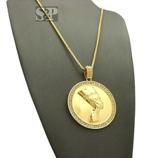 Egyptian Queen Side Face Nefertiti Round Pendant 24" Box Chain Necklace SPXTP32G