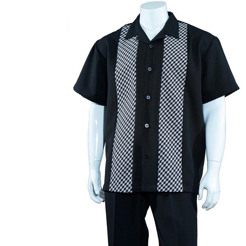 Mens 2pc Walking Suit Short Sleeve Casual Shirt and Pants Set Black main image 0