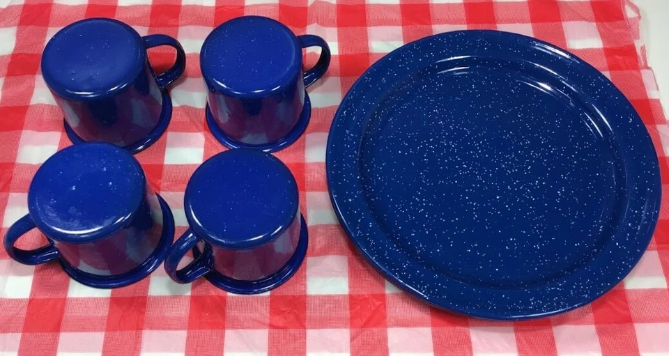 Texsport ~ Esmalte moteado azul real ~ Tazas de campamento y platos de cena ~ 8 piezas ⛺ Foto 3 de 4