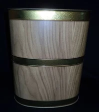 1960s J L Clark  F Wood grain paneling  Metal Desk Office Trash Can USA