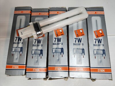 Sylvania OSRAM F7TT/27K 7W G23 Base 2 Pin Dulux S CF Light Bulb, Lot of 5, New