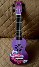 Mahalo Ukulele Purple and Pink With Hibiscus Flowers, Comes With Case