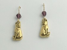 Gold-Tone Pewter 14k gf Sweet sitting Cat dangle Earrings- cats, feline, purple
