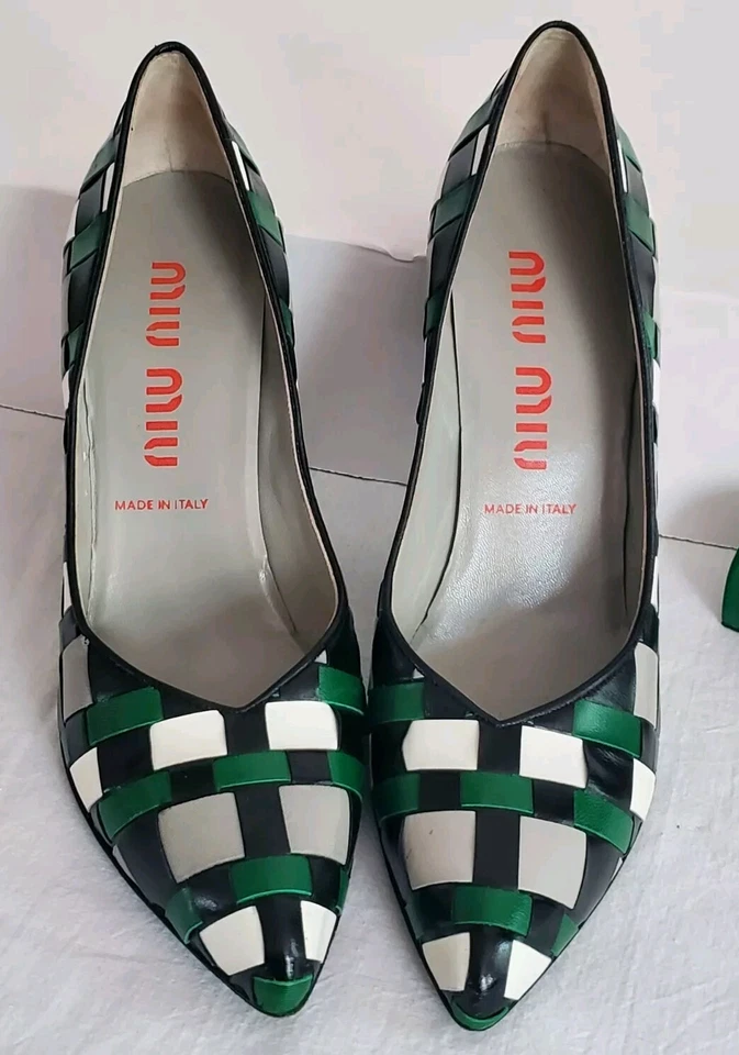 Zapatos de tacón alto de cuero tejido gris negro verde Miu Miu de colección raros 9 LEER Foto 4 de 4
