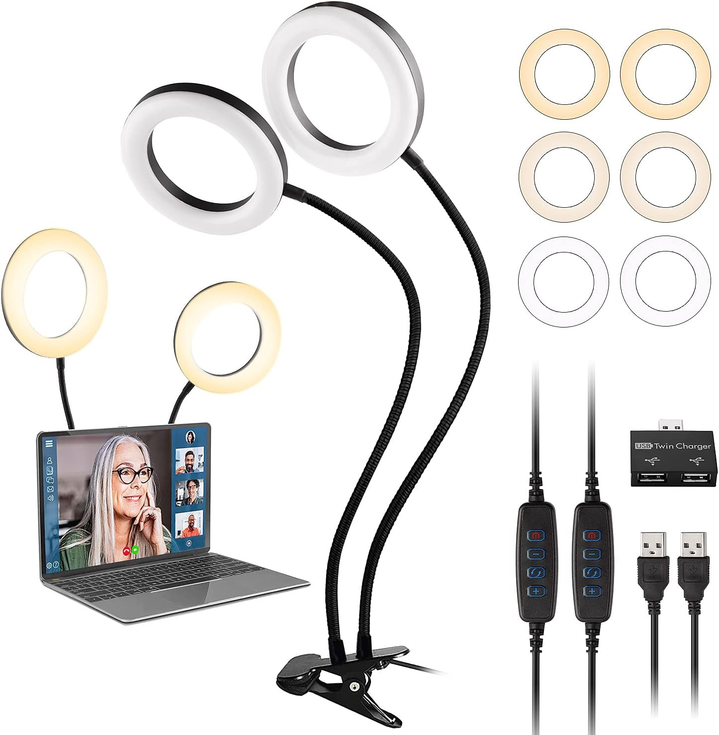 Dual Ring Light for Laptop, Computer,  6 Inch Desk Circle Light with Flexible Ar-image
