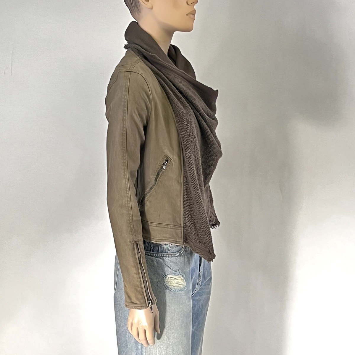 Veste Moto Denim Free People Vert Olive - Taille 10 (M), Devant Drapé Avec Boutons, Occasion Parfait état