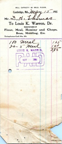 Cambridge Maryland Vtg Billhead Letterhead LOUIS K. WARREN Miller 1905 - Picture 2 of 3