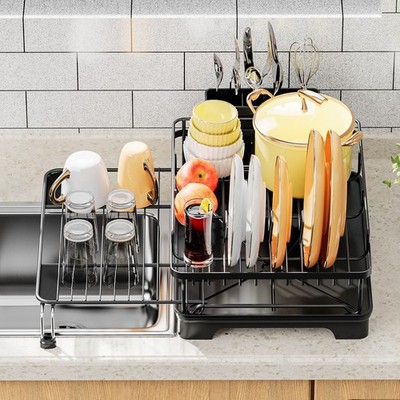 Over Sink Drying Rack Extendable Dish Drainer w/ Cutlery Holder Stainless Steel
