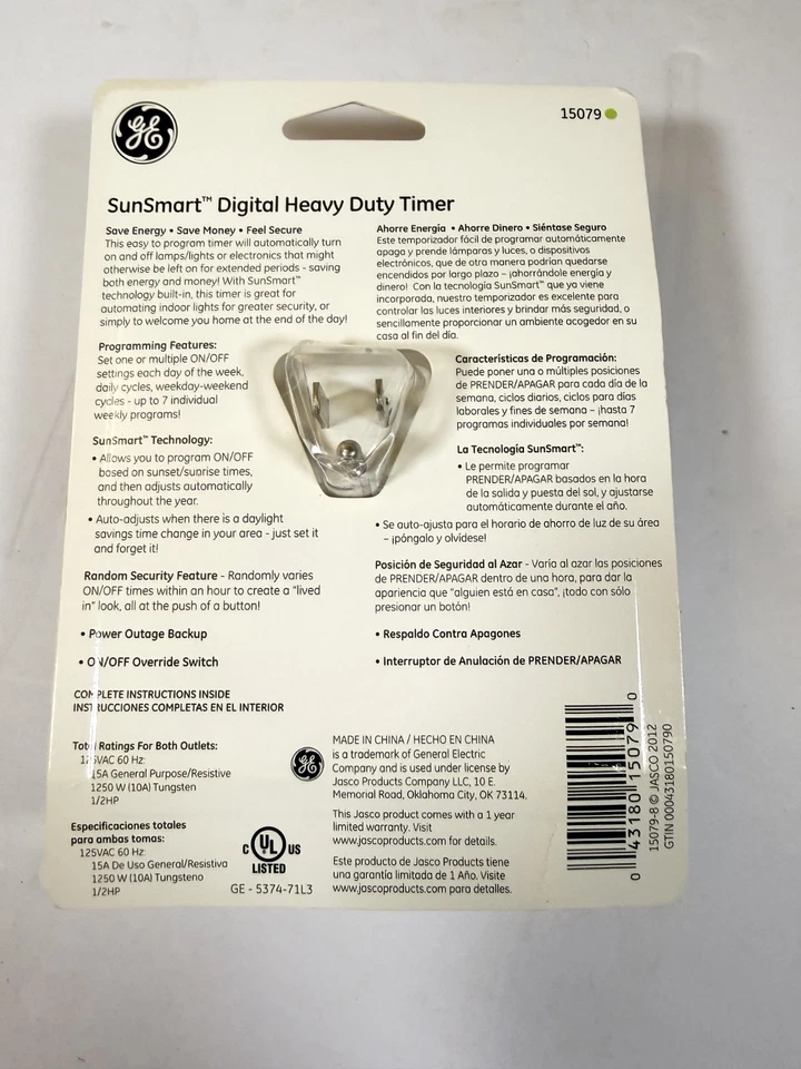 GE SunSmart Digital Timer Indoor Plug-In | 2 Grounded Outlets | Large Display | - Image 2 of 2