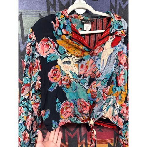 80er Carole Little Vintage Medium Bluse Rosen Patchwork Floral Künstler Blumen - Bild 3 von 7