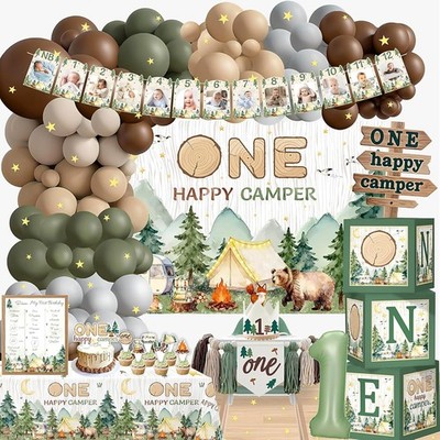 One Happy Camper Birthday Decorations, Camping first Birthday Party decoratio...