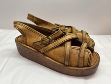 Vintage Women s 70s Sandals Brown Leather Wood Platform Straps