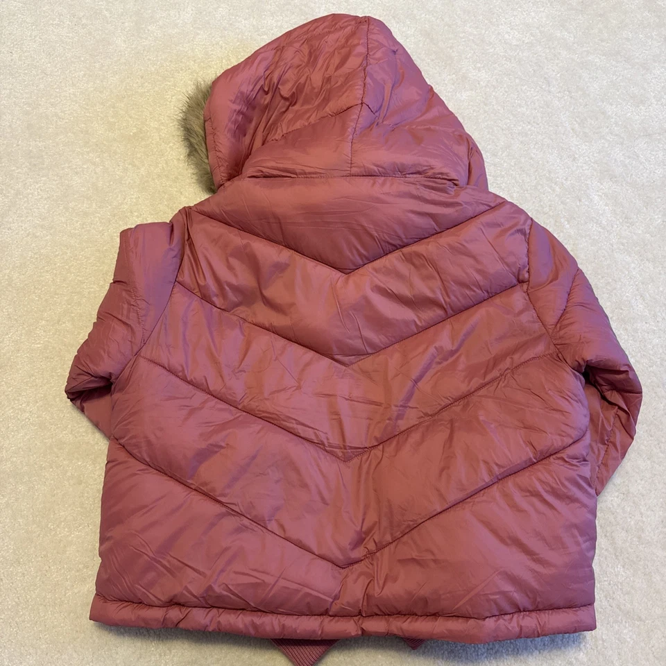 True Religion Horseshoe Logo Fur Trim Puffer Jacket  Mauve Wood Sz Medium  - Image 2 of 3