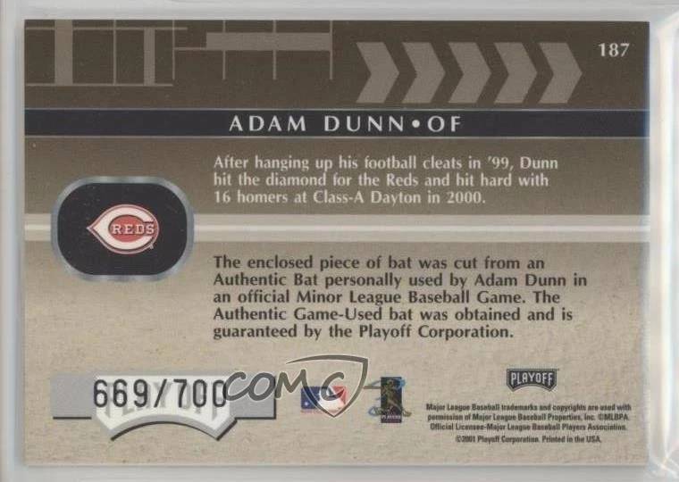 2001 Playoff Absolute Memorabilia Rookie Premiere Materials /700 Adam Dunn #187 - Image 2 of 2