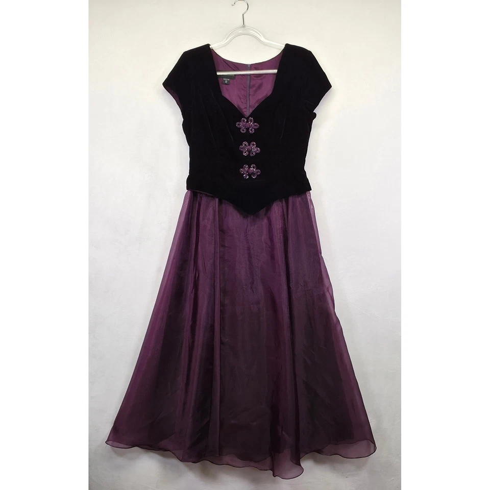 Scott McClintock Gown Womens 12 Black Velvet Purple Prom Evening Maxi Formal VTG - Image 2 of 4