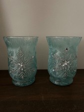 Set 2 Blue Frosted w/Silver Snowflakes Applied Tea Light Candle Holder