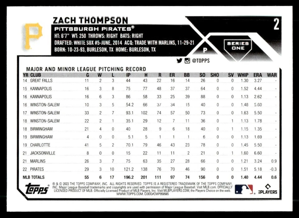 2023 Topps ! Zach Thompson Pittsburgh Pirates #2 - Image 2 of 2