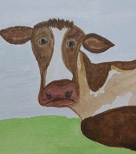 GAT ORIGINAL Watercolor PAINTING WHIMSICAL Animal 5x7 COW Homedecor Outsider ART