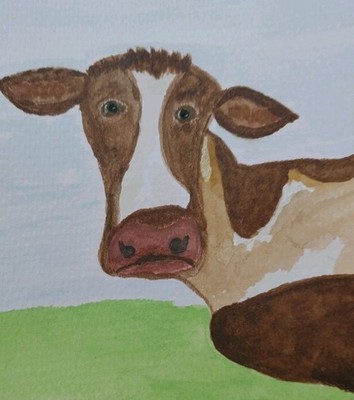 ORIGINAL Watercolor PAINTING WHIMSICAL Animal 5x7 COW Homedecor Outsider ART