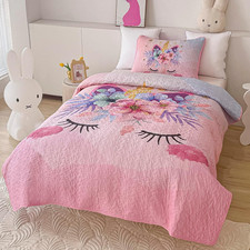 Twin Size Quilt Set for Girls 2-Piece Pink Unicorn Kids Comforter Bedding Set St