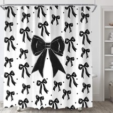 Cute Black Bow Shower Curtain, Black and White Bow Aesthetic Girly Fabric Sho...