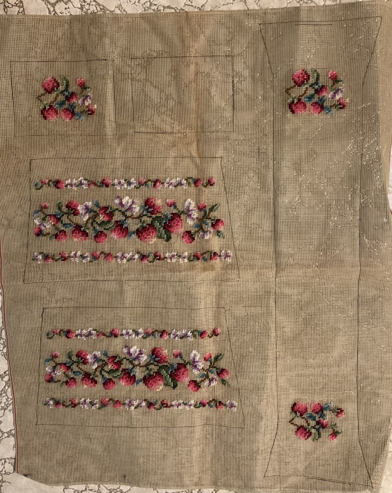 Needlepoint Canvas Pre Worked  in Wool Strawberries Leaves Flowers