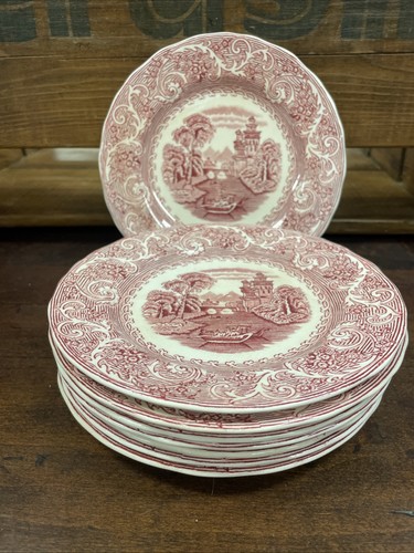 Vintage Set 8 Enoch Wedgewood Red Pink Transferware 6” Plate England River Scene - Bild 2 von 21